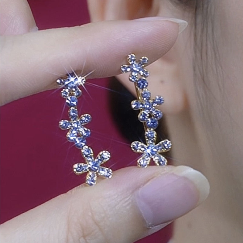 Cat's Eye Brown Zircon Diamond Flower Crawler Earrings